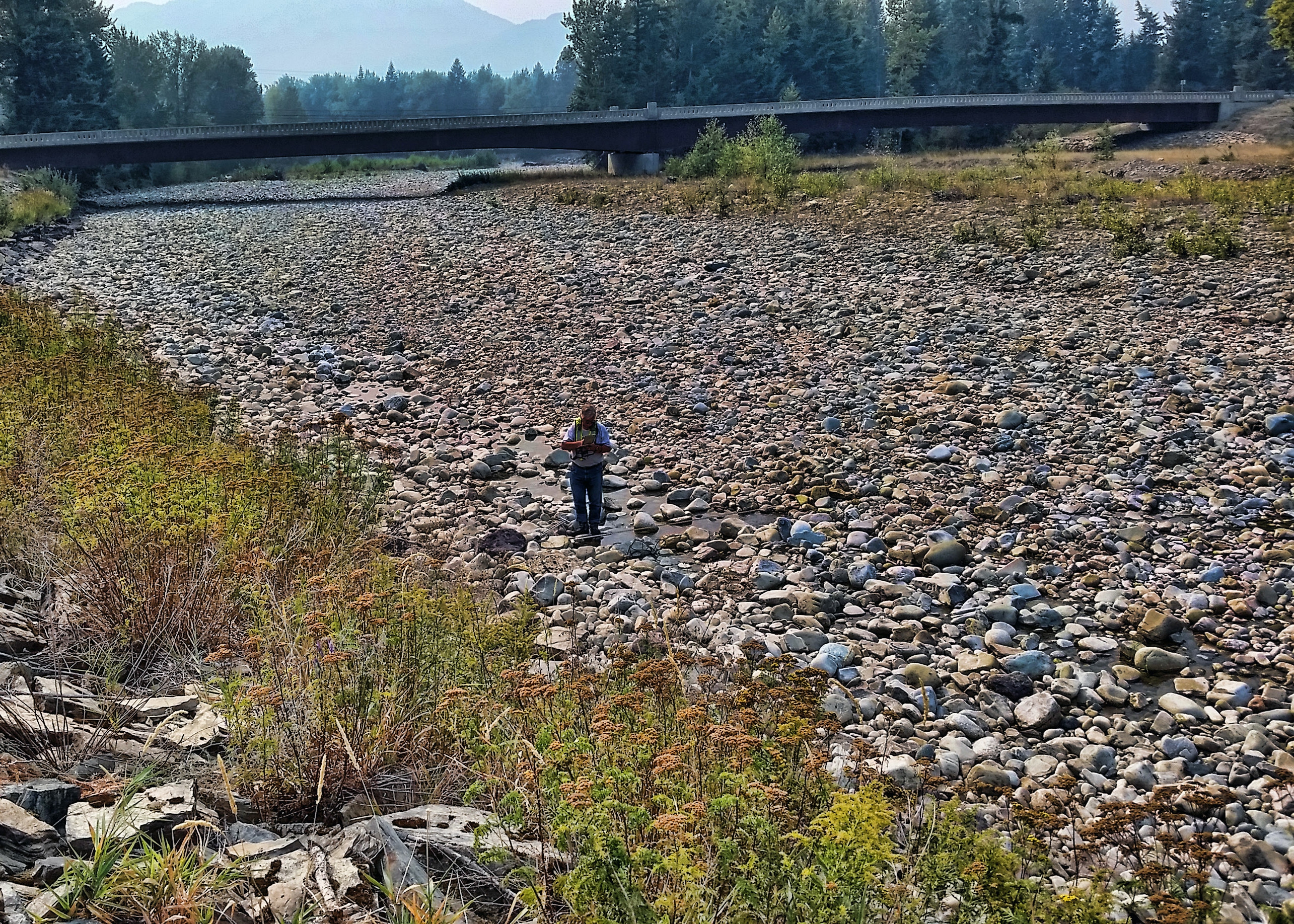 A person walks in a dry streambed