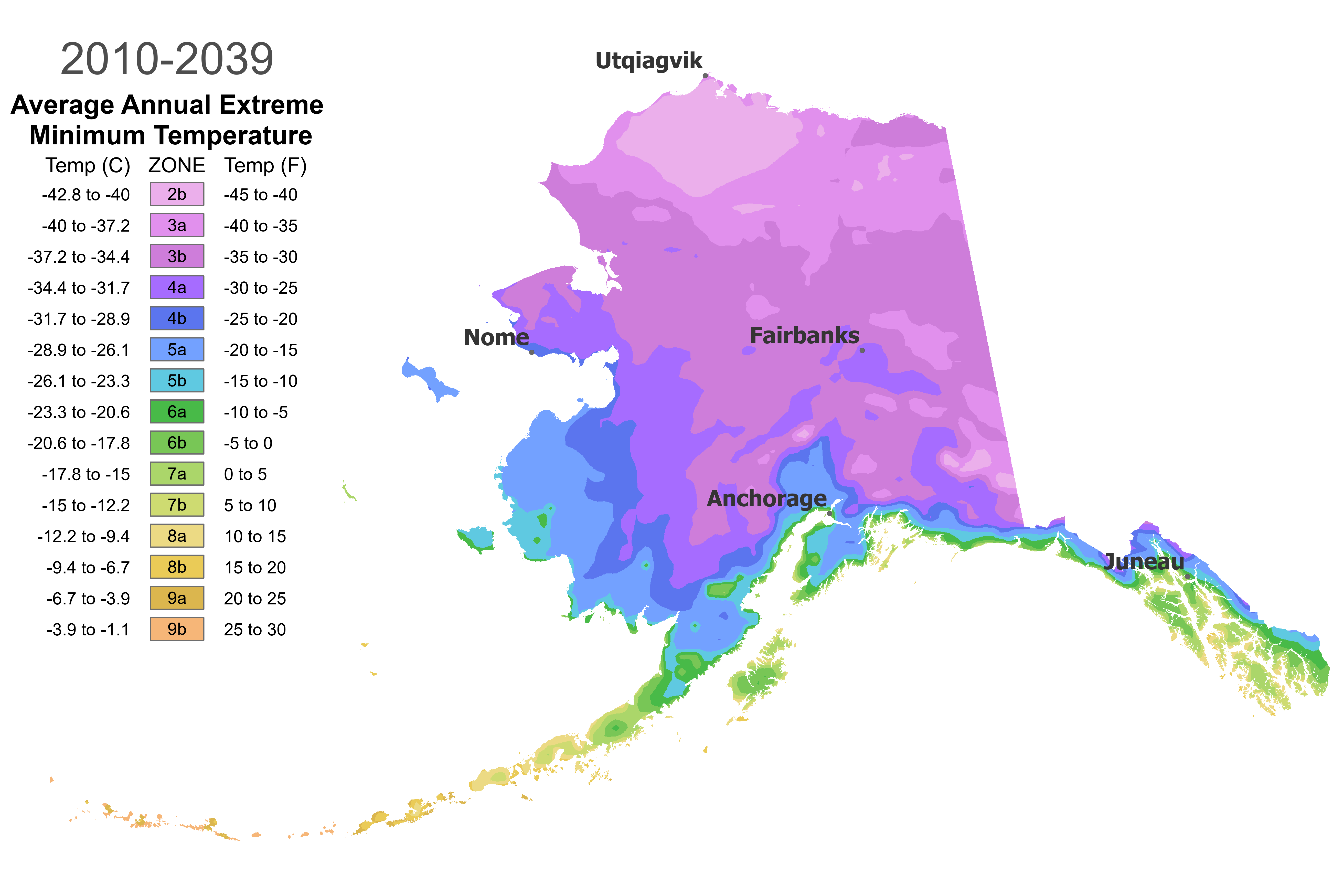 A map of Alaska Hardiness Zones from 2010-2039.