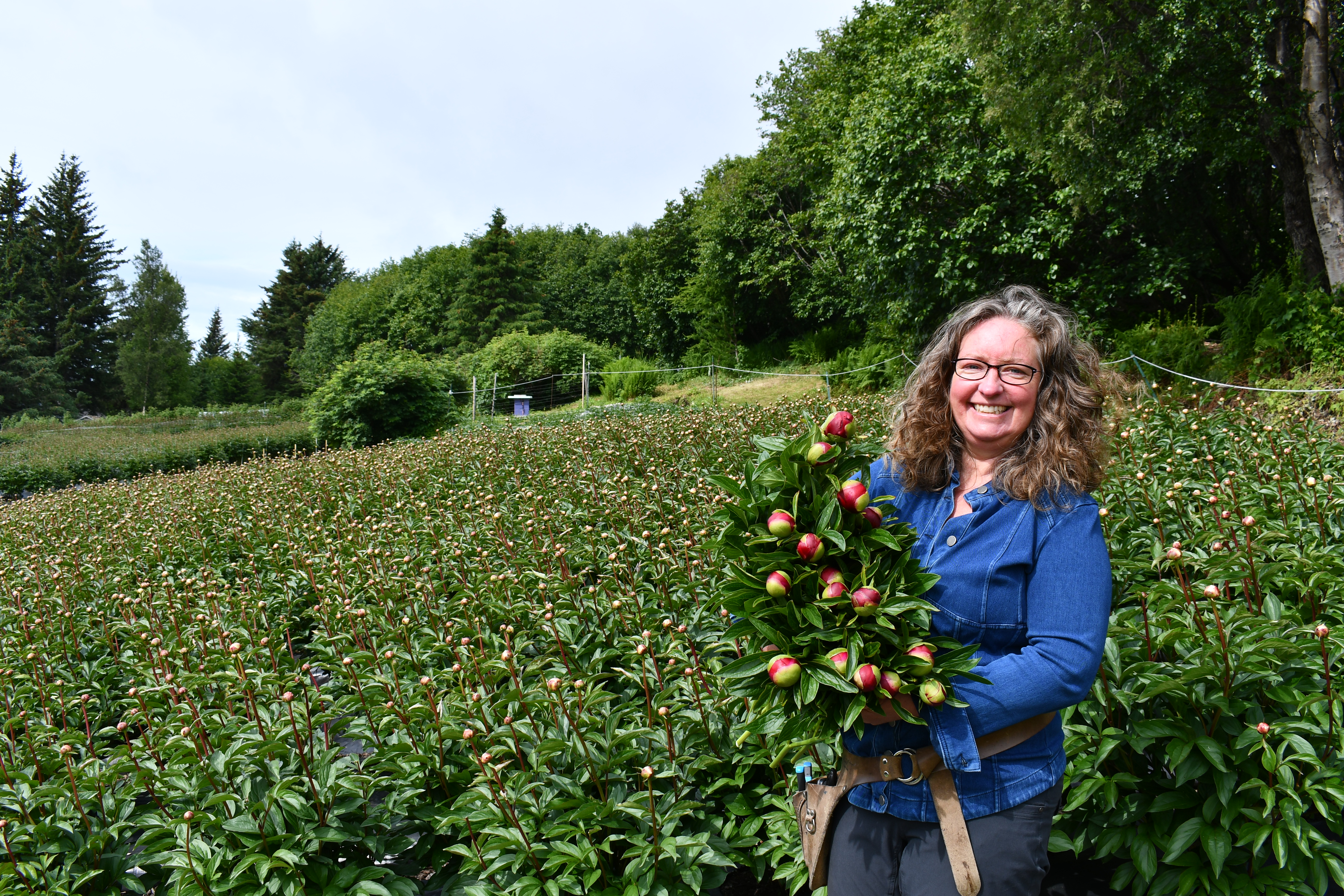 Alison Gaylord holds peonies on her farm in Alaska