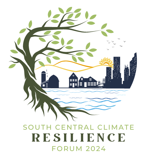 South central climate resilience forum logo showing a tree with leaves, blacked out city scape, over blue water.