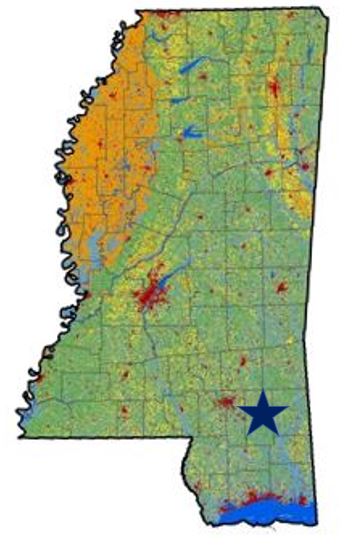 Cover map of Mississippi showing approximate location of SE MS poultry and beef farm