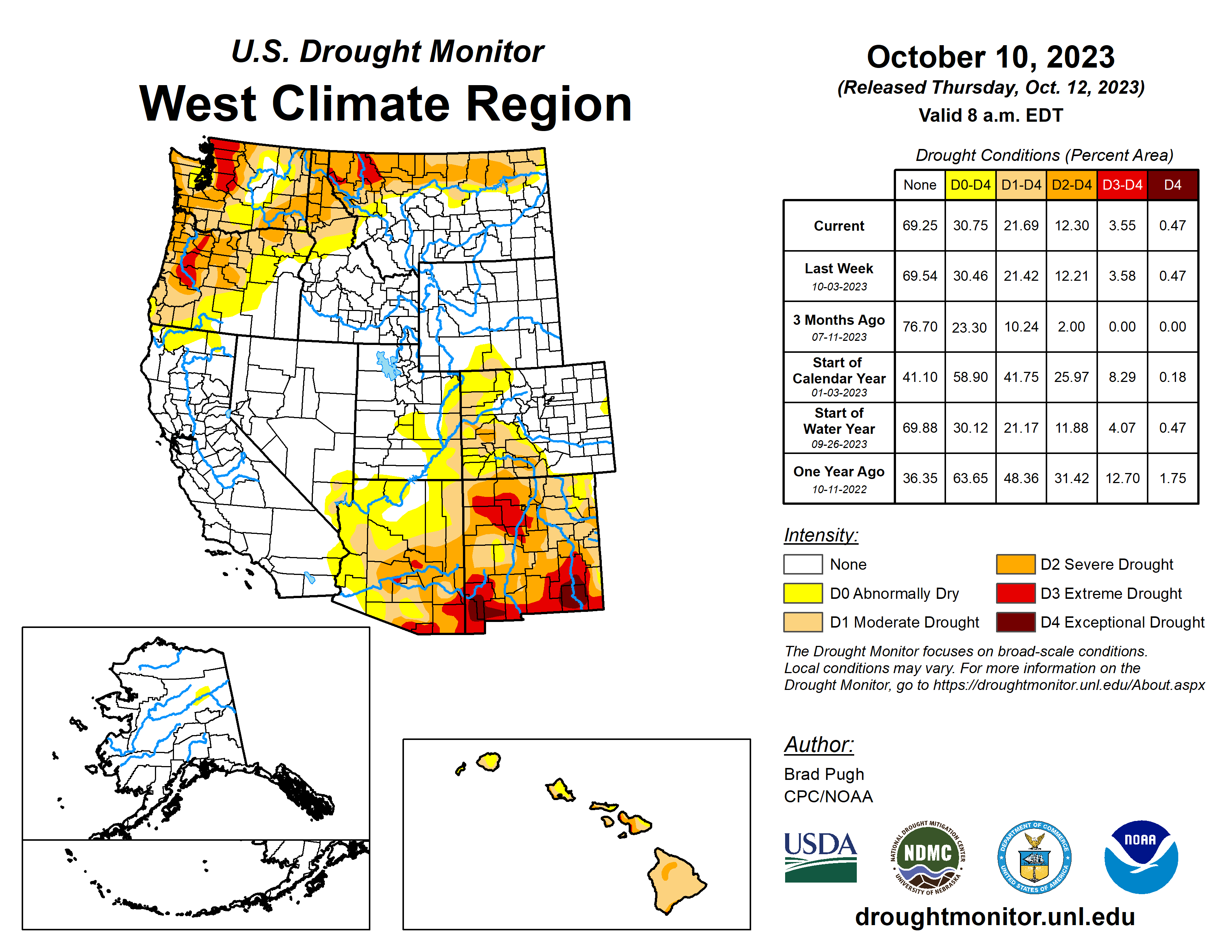 U.S. Drought Monitor map of the West Climate Region for 10 October 2023. The map shows areas in different drought categories along with a table of current and past drought conditions for the region.