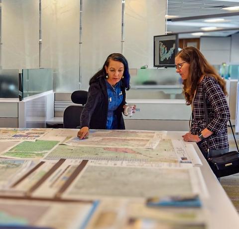 geospatial analyst reviews maps with another person