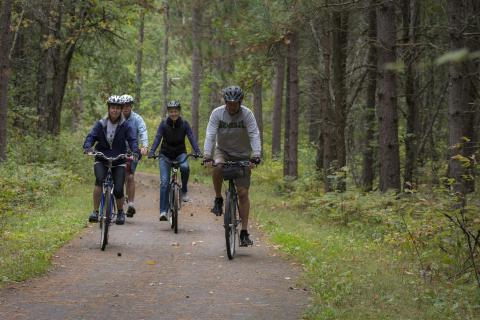 ciclistas de montaña en un sendero en el bosque