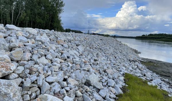 A riprap revetment forms a protective wall on the banks of the Kuskokwim River.